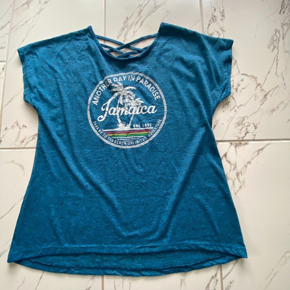 Show Off Clothing Jamaica Women XXL Teal Graphic Criss Cross Back Top
